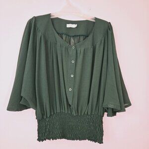 Ice Cube Dolman-Sleeve button up Top in forest green, size XS, Made In ITALY